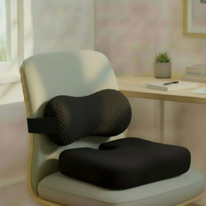 EverComfort All-Day Sitting Bundle: SitRight seat cushion and SpineEase lumbar support in place on a desk chair