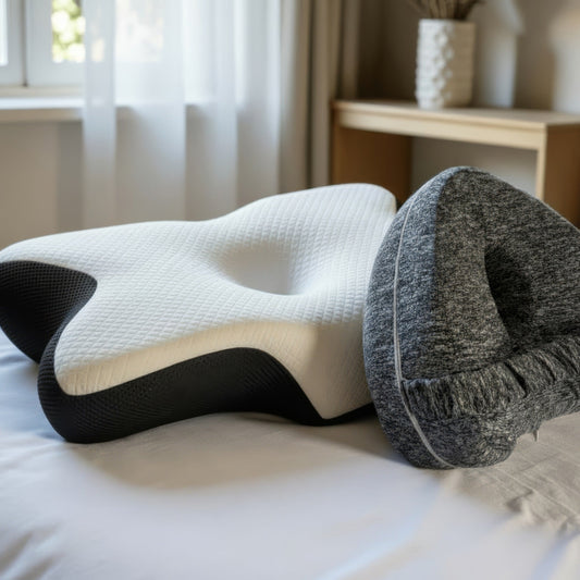 EverComfort NeckEase contoured memory foam pillow and ComfortCurve knee pillow on a white bed in a bright bedroom