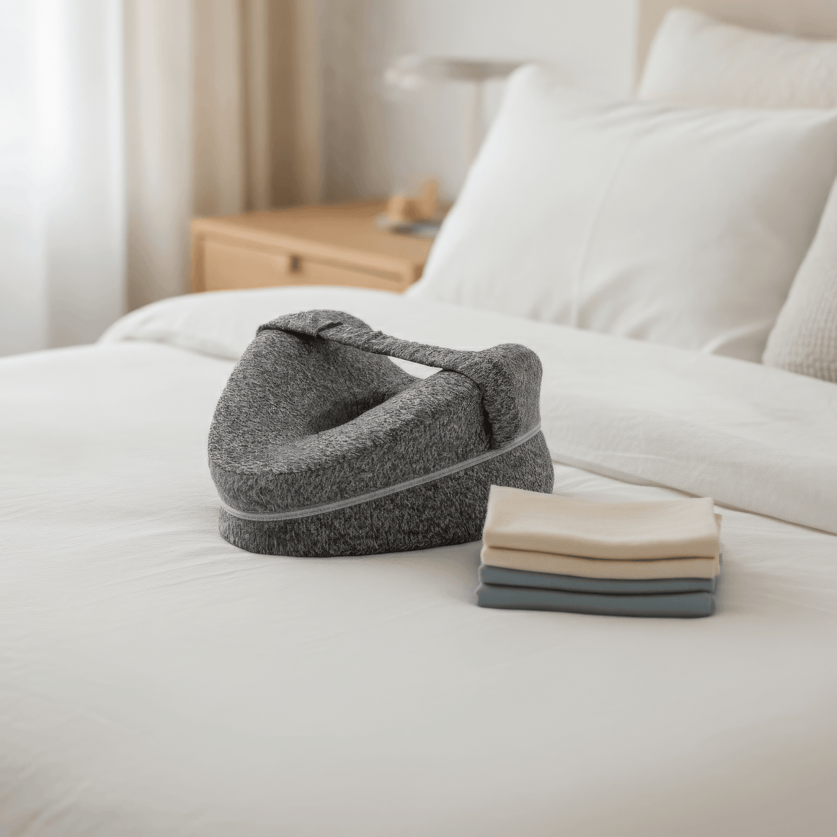 EverComfort ComfortCurve knee pillow resting on a made white bed beside folded linen