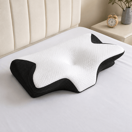 EverComfort NeckEase contoured memory foam pillow with white cover and black mesh side panels