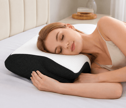 Close view of the NeckEase pillow supporting the head and neck in line
