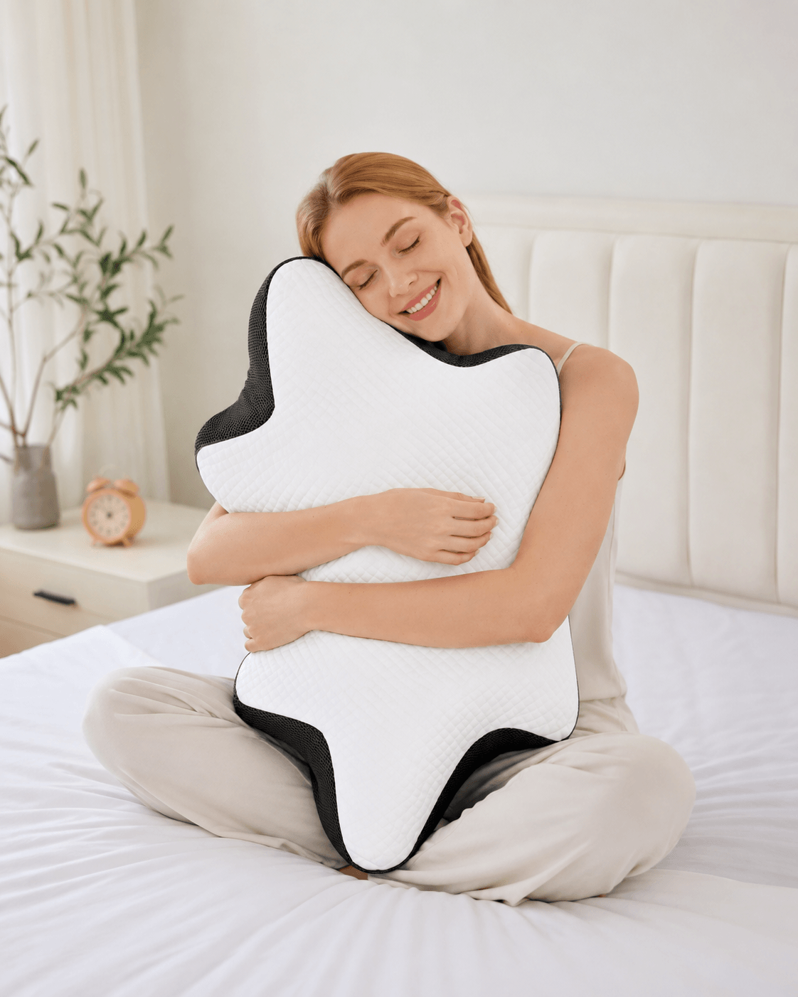 Woman sitting on a bed holding the EverComfort NeckEase pillow