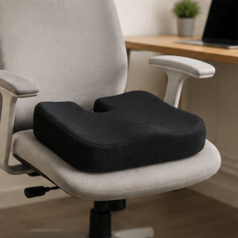 SitRight seat cushion sitting on a grey office chair at a desk