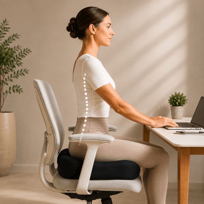 Woman sitting upright at her desk on the SitRight cushion, spine in line