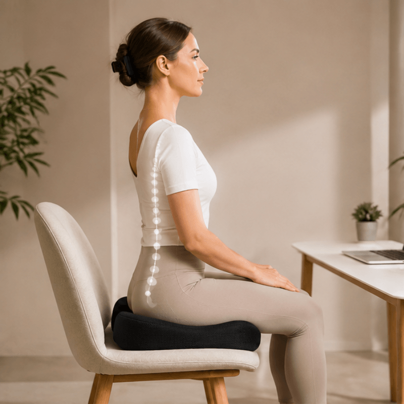 Side view of a woman seated on the SitRight cushion showing upright posture