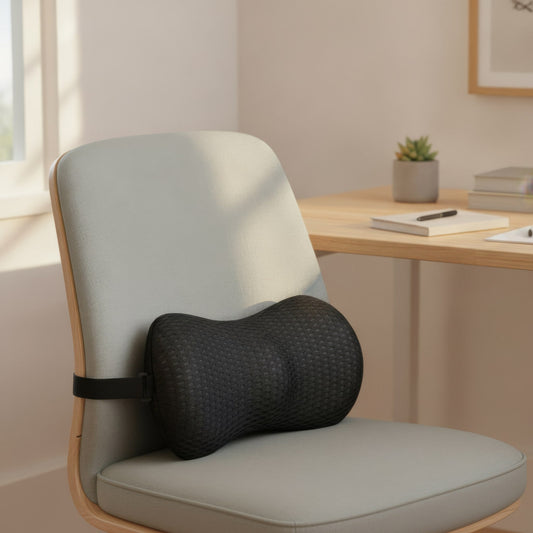 EverComfort SpineEase lumbar support strapped to an office chair backrest