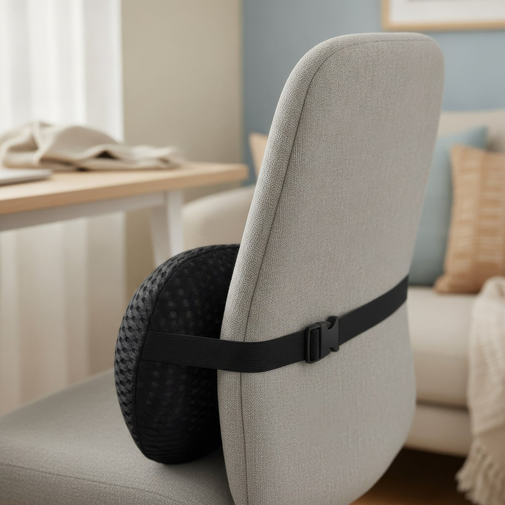 Close view of the SpineEase strap and clip buckle fastened around a chair backrest