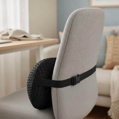 Close view of the SpineEase strap and clip buckle fastened around a chair backrest