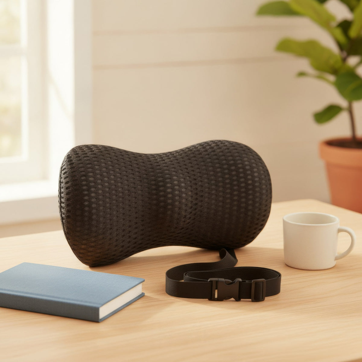 SpineEase lumbar support on a timber desk beside a mug and notebook