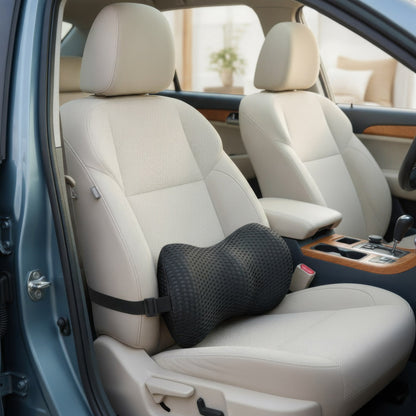 SpineEase lumbar support strapped to a car driver seat
